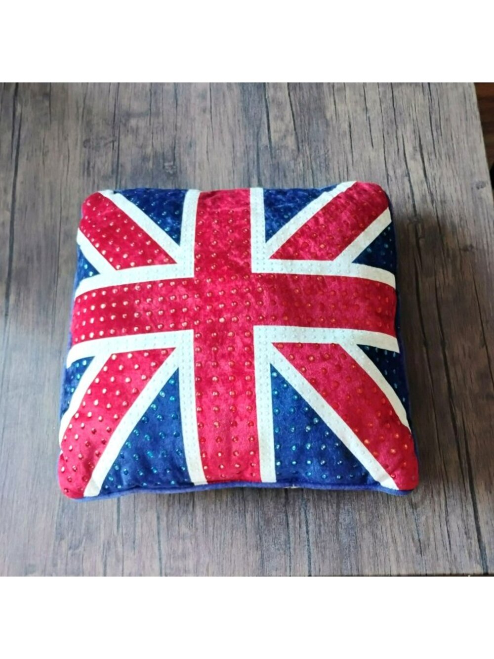 Vintage Union Jack Throw Pillow Crushed Velvet Rhinestone Accents 18" Red Blue